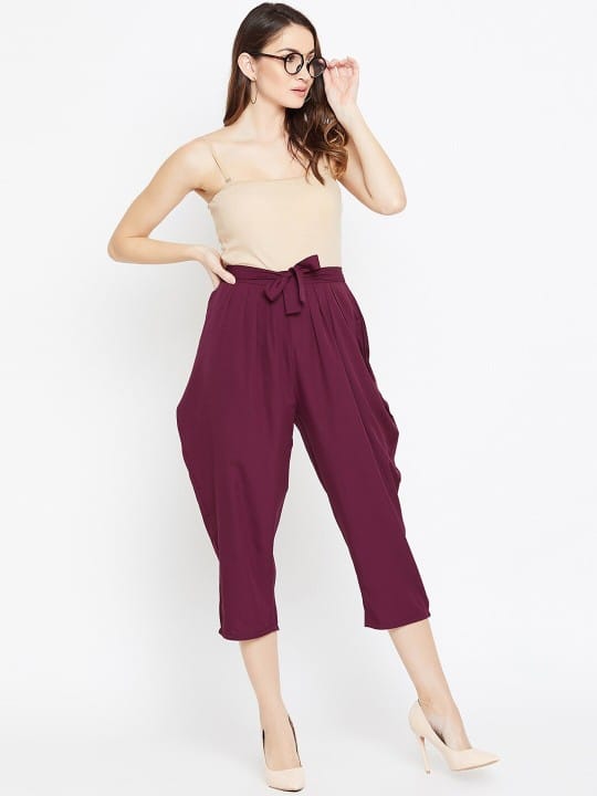 Women Burgundy Relaxed Loose Fit Easy Wash Pleated Culottes