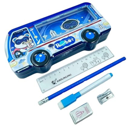 Pencil Box for Kids, Metal Pencil Box Case with Pencil, Eraser, Sharpener Stationery Set – Double Layer Pencil Case Stationary Organizer for Kids – Birthday Return Gift for Kids (Robot).