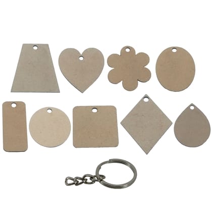 MDF Key Chain Bases With Steel Rings For DIY Painting Crafts-Mixed Shapes / 10 Pieces