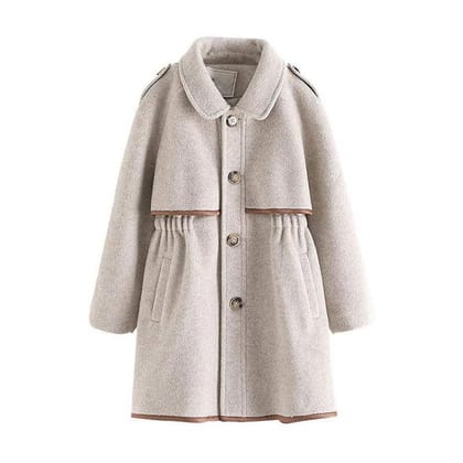 Older Children's Solid Color Woolen Coat, British Fashion Mid-length Coat, Waist Thickened-Beige / 130cm
