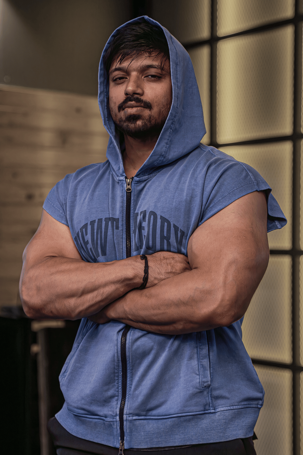 Muscle Up- Washed Sleeveless Zip Hoodie -Titanium Blue-S