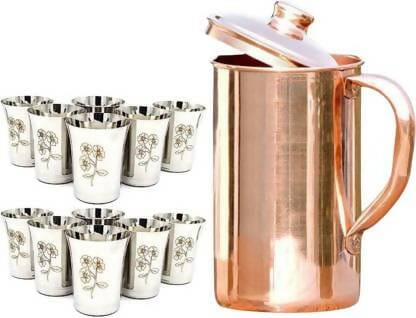 SHINI LIFESTYLE Pure Copper Jug Set and best quality steel Glass set 13PC Jug Glass Set (Stainless steel)