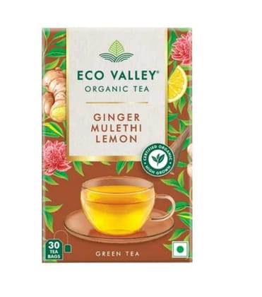 Eco Valley Organic Ginger Mulethi Lemon Green Tea Bags - 30 Pieces