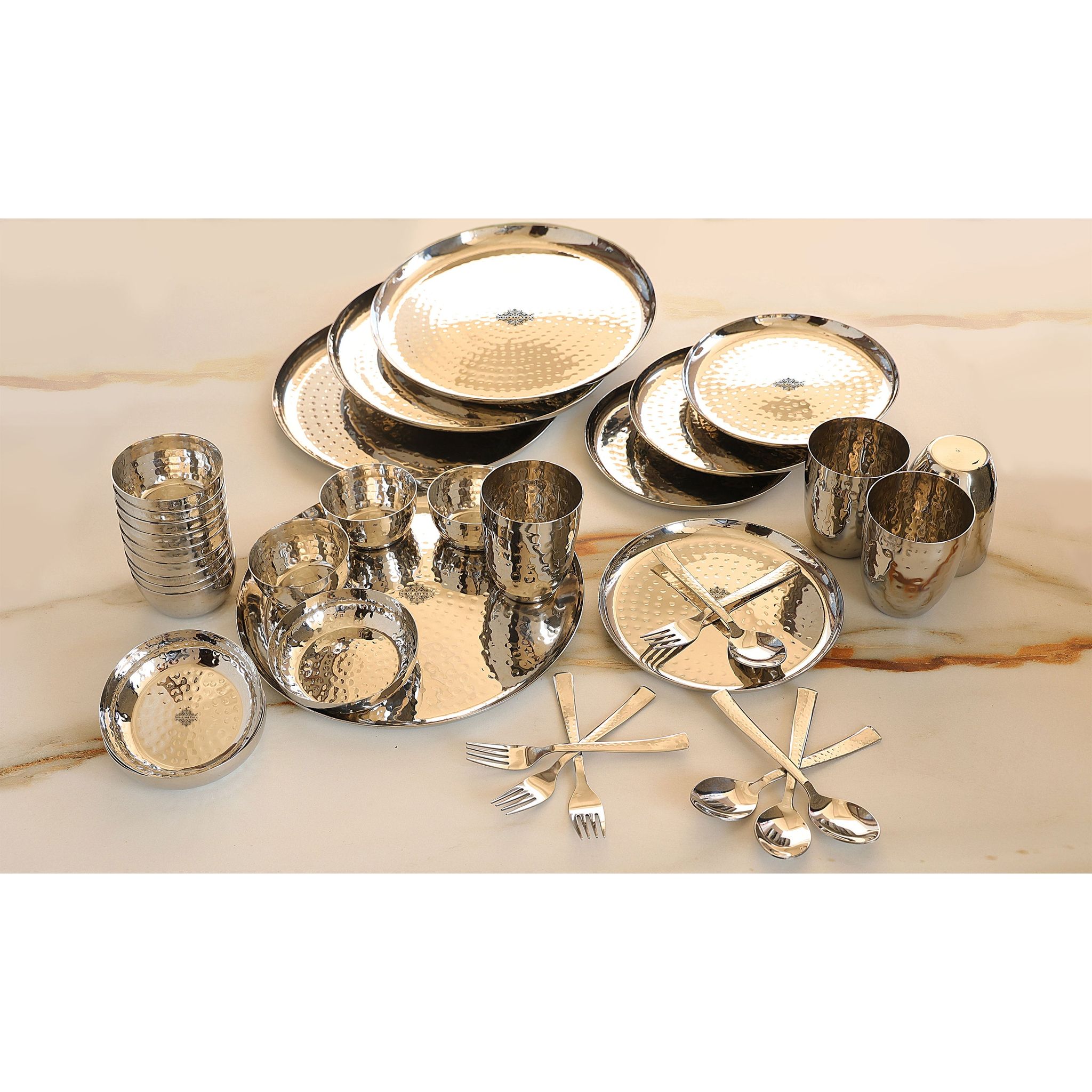 IndianArtVilla Stainless Steel Hammered 36 Pcs. Oval / Round shape Dinnerware Set, Serveware, Tableware, Dinnerware for Home and Restaurants-Silver