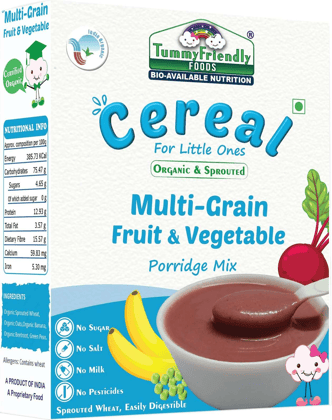 TummyFriendly Foods Certified Organic Sprouted Multi Grain Fruit Vegetable (Sprouted Wheat, Oats, Banana, Beetroot, Green Peas) Porridge Mix, Organic Baby Food For 8 Months Old, 200 gm Cereal