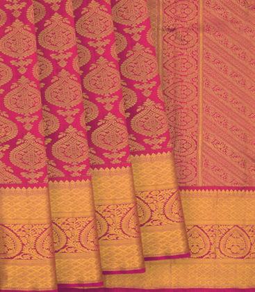 Magenta  Handwoven Kanchipuram silk Saree With Floral Motifs -Magenta-Magenta