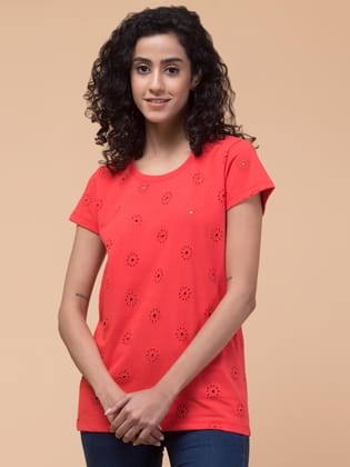 Hive91 Red Cotton T-Shirt Short Sleeve Women T-Shirt Floral Cutwork Embroidery XXL