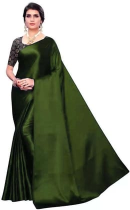 ANSH Womens Satin Solid Saree length (5.5m) & Blouse Piece Size (0.8m) (Green)