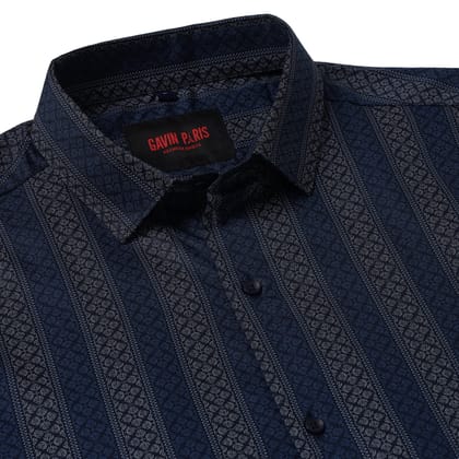 Full Sleeve Slim Fit Shirt - Navy Blue with Vertical Geometric Pattern (GP026)-S-36 / Full Sleeve
