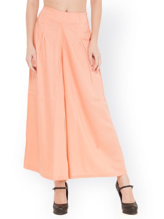 Women Peach-Coloured Solid Flared Palazzos