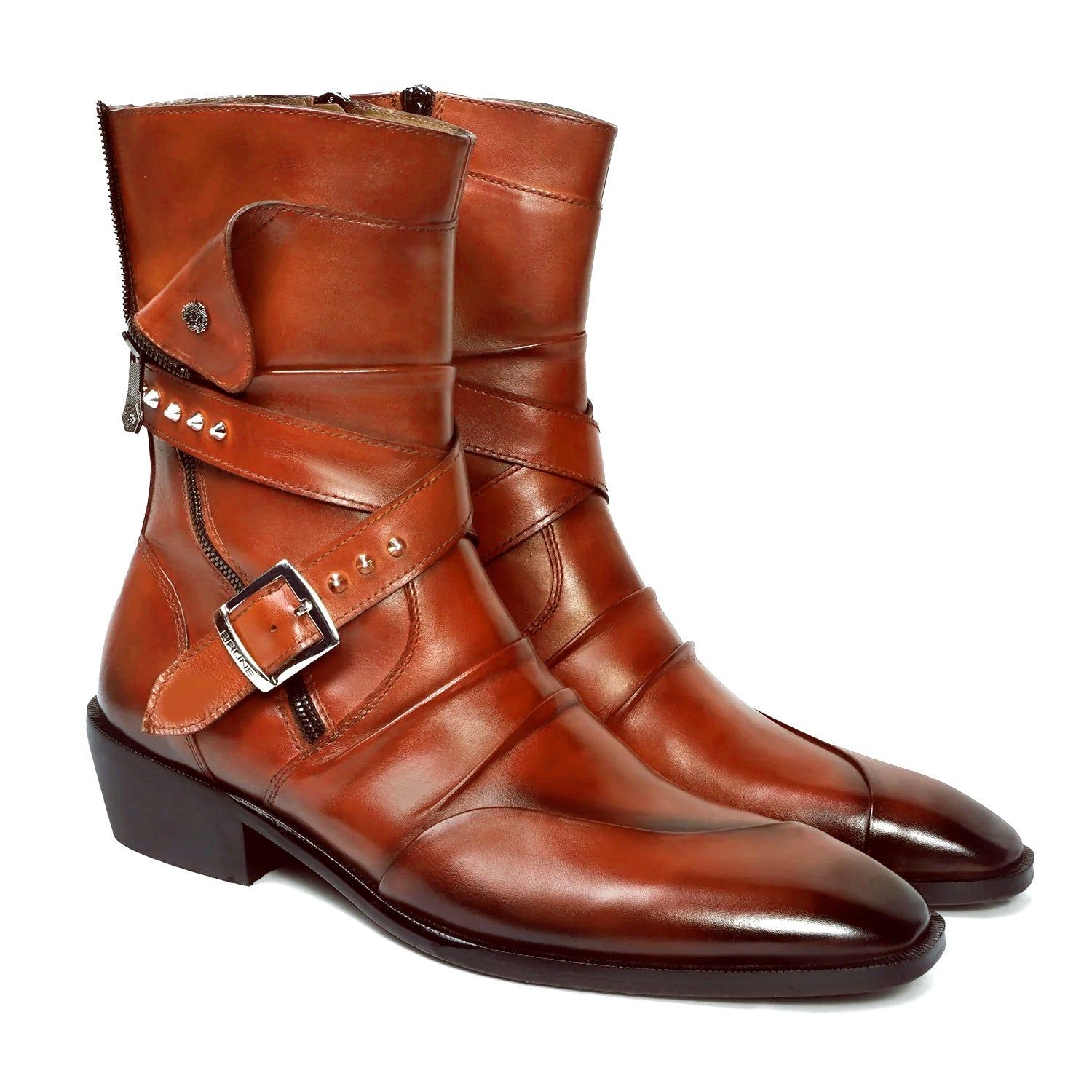 Studded Wrap around Strap Cuban Heel Tan Boots-40/6