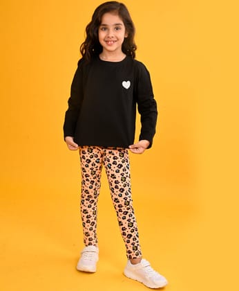 BLACK HEART LONG SLEEVES GIRLS T-SHIRT LEOPARD PEACH LEGGING SET - BLACK/PEACH-0-6 MONTHS / 2N / PURPLE/BLACK