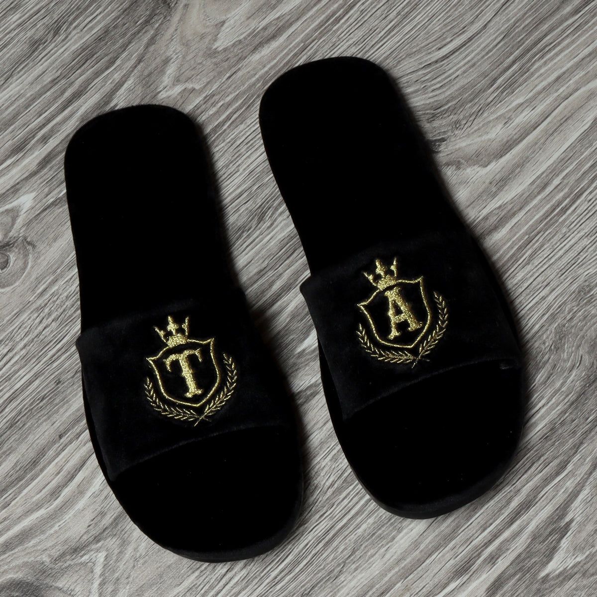EMBROIDERED TA INITIALS ON BLACK VELVET SLIPPERS BY BRUNE & BARESKIN-40/6