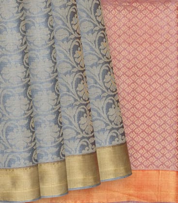 Grey Handwoven Tussar Silk Saree With Floral Vine Motifs & Contrast Pink Pallu-Grey-Grey