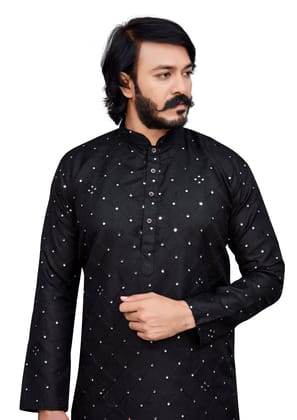 Black Men's Designer Kurta Mirror Embroidery worked (Only Kurta)-XL / Black
