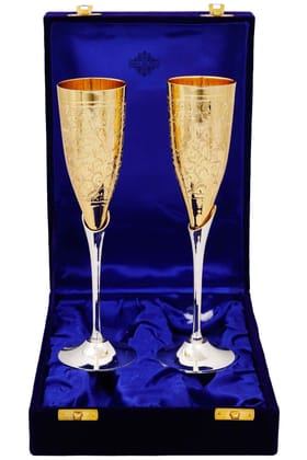 IndianArtVilla Set of 2 Silver Plated Gold Polish & Brass Champagne Wine Glass With Blue Box