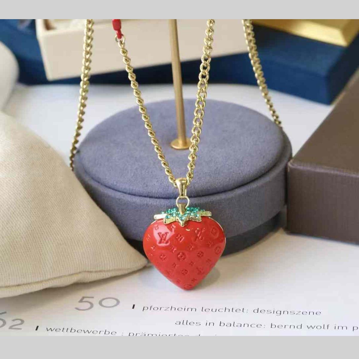 Strawberry Stainless Steel Crystal 18K Gold Red Pendant Chain Necklace For Women