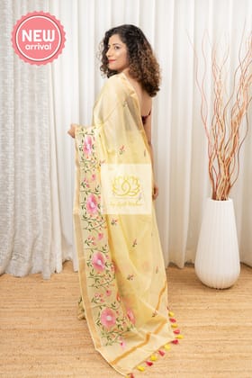 Embroidered Bhagalpuri Kota Silk Saree - Lime Yellow