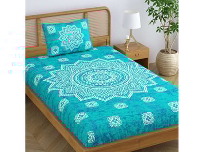 SheetKart Cotton Blend Traditional Mandala Jaipuri Printed Single Bedsheet with 1 Pillow Cover  - Sea Green