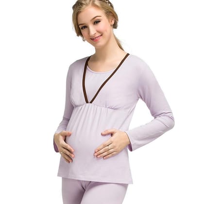 Enjoy the winter pregnant pregnant women pregnant women suit long johns lactation clothes suit feeding pajamas Home Furnishing confinement suit-Light purple / M