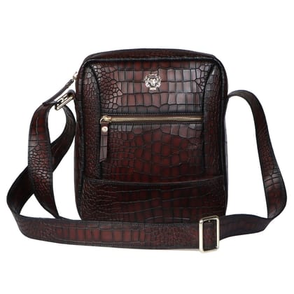 Unisex Smokey Dark Brown Croco Print Leather Multi-Pockets Cross-body Bag by Brune & Bareskin-FS