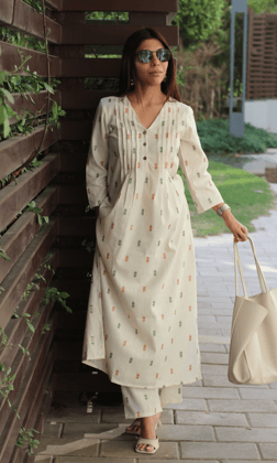 Cotton Linen Blend Off White Dobby Buttoned Kurta & Pants-3XL