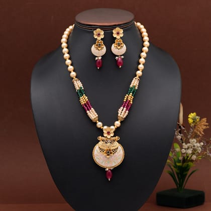 Rani & Green Color Long Meenakari Matte Gold Necklace Set-Length: 38.00 CM x Width: 1.00 CM / Green / Alloy With Good Quality Matte Gold Plated