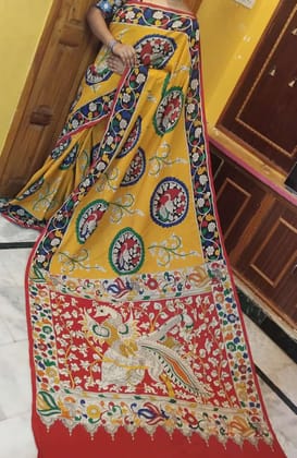 Yellow and Red Color Kalamkari Linen Digital Printed Sari 1208
