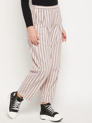Women Striped Relaxed Flared Wrinkle Free Cotton Trousers