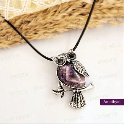 Feng Shui Owl Pendants With 17 Inches Leatherite Adjustable Chain-Amethyst