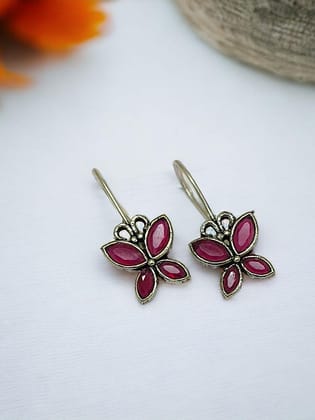 Oxidized Butterfly Style Stone Hook Earrings for Daily Wear | Sarichka-Red