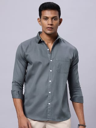 Men Steel Grey Solid Slim Fit Cotton Shirt-S