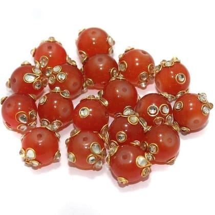 20 Pcs 12mm Glass Kundan Beads Round Orange-Orange / Glass