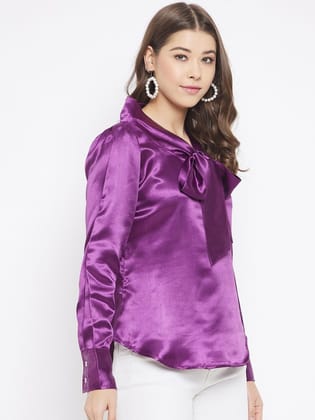 Tie-Up Neck Cuffed Sleeves Satin Top