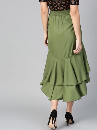 Women Olive Green Ruffled Layered A-line Skirt