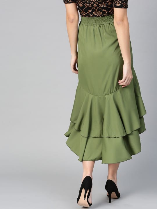 Women Olive Green Ruffled Layered A-line Skirt