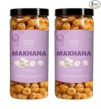 Vishnu Delight Organic Roasted Makhana, Magic Masala Flavor, 2 Packs of 90g Each - Crunchy, Deliciously, and  Full of Flavorful Indian Spices