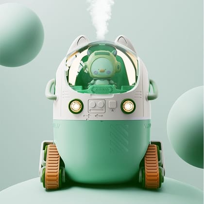 USB Small Heavy Fog Portable Water Replenishing Instrument Cartoon Space Capsule Doll Humidifier-Beige White Green / Battery Type