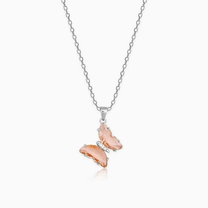 Silver Peach Butterfly Pendant With Link Chain