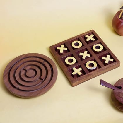 Wooden Brass Tic Tac Toe & Maze Game Combo