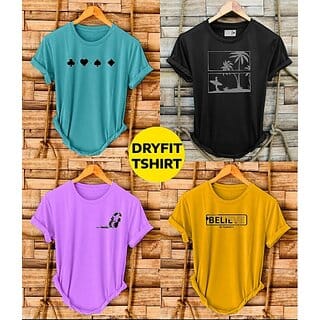 Fashlook Printed Round Neck Polyester Half Sleeve Multicolor T-Shirt For Mens (Pack of 4)