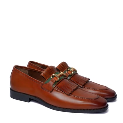 Tan Formal Slip-On Shoes with perfect Combination of Fringes & Horse-Bit Buckle Detailing-40/6