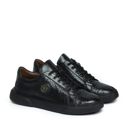 Black Deep Cut Leather Sneakers with Metal Lion logo on Quarter-40/6
