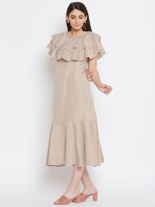 Brown & smoke gray Striped A-Line Midi Dress