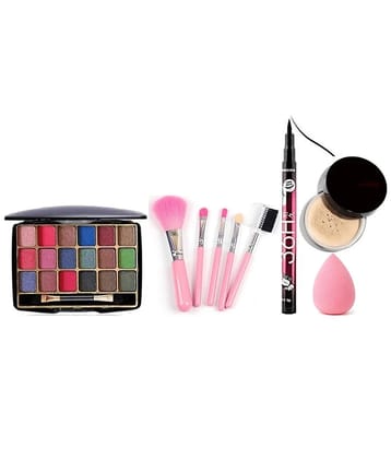 swenky eyeshadow with waterproof eyeliner loose powder beauty blender puff & makeup brush (Pack of 5)
