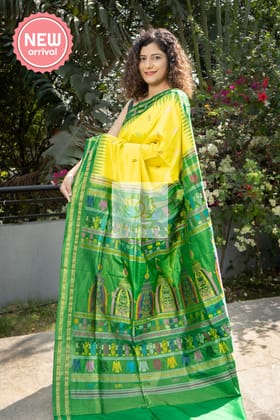 Sambalpuri Ikkat Sri-Mandira Dolabedi Pure Silk Pata Saree With Tissue Palla- Lime Yellow