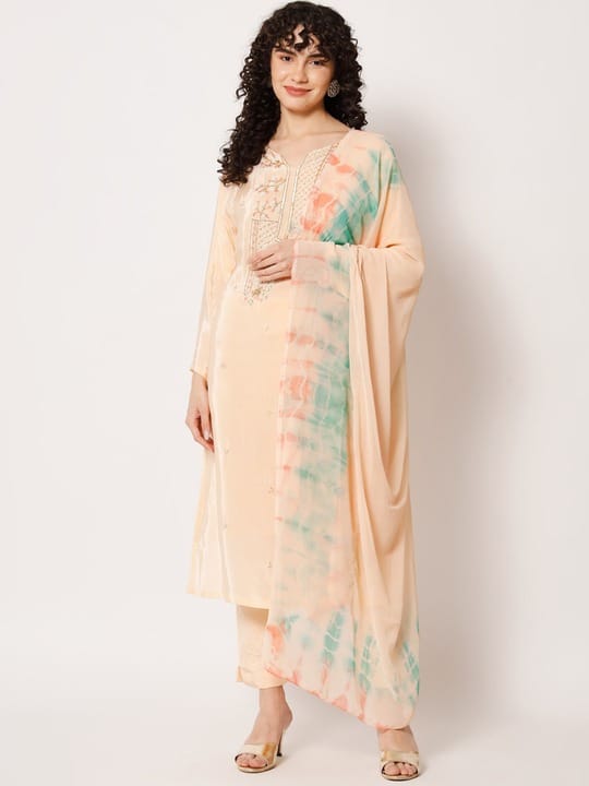 Floral Embroidered Sequined Kurta with Trousers & Dupatta