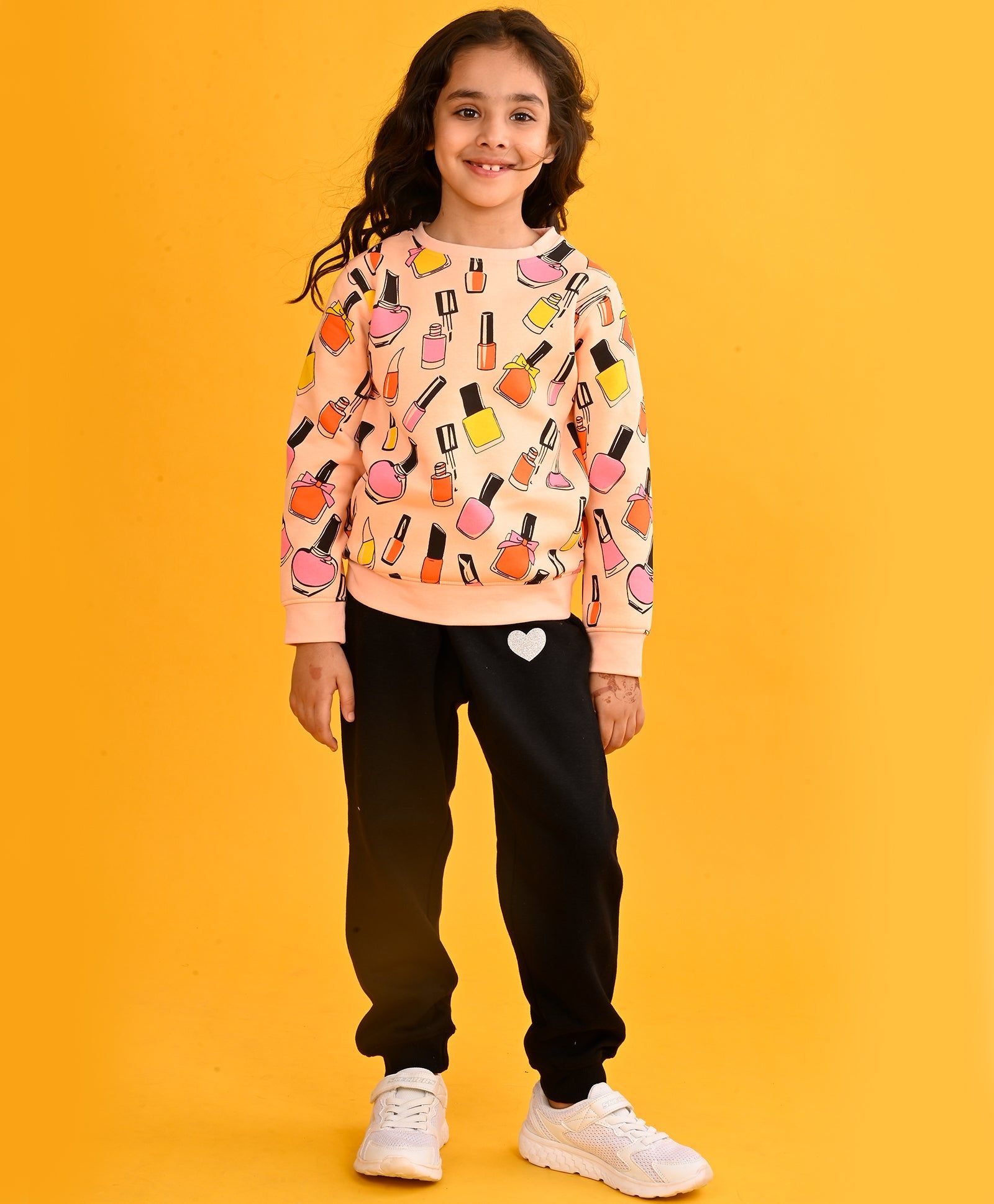 NAIL PAINT GIRLS SWEATSHIRT BLACK HEART FLEECE JOGGER SET - PEACH/BLACK-0-6 MONTHS / 2N / PEACH/BLACK