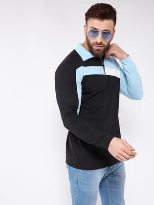 Gritstones Men Black and Sky Blue Color Full Sleeve Color Block Cotton T-Shirt
