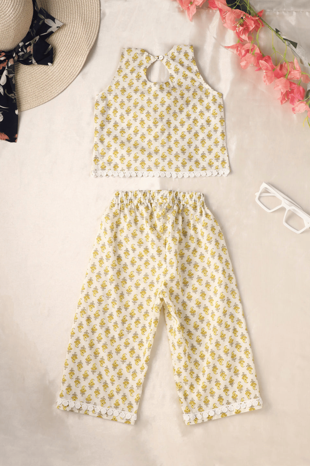 Yellow Lacy Printed Co-ord Set-0-6 months